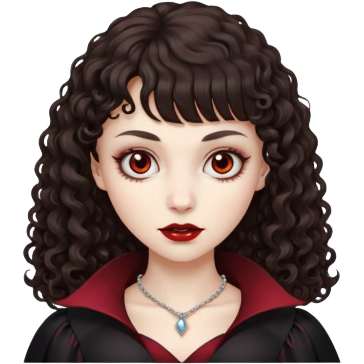 vampire feminine and with bangs  dark brown hair  curly hair  emoji