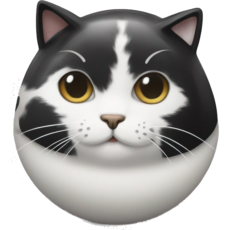 A black and white cat with a fur pattern on its head that looks like a bowl cut emoji