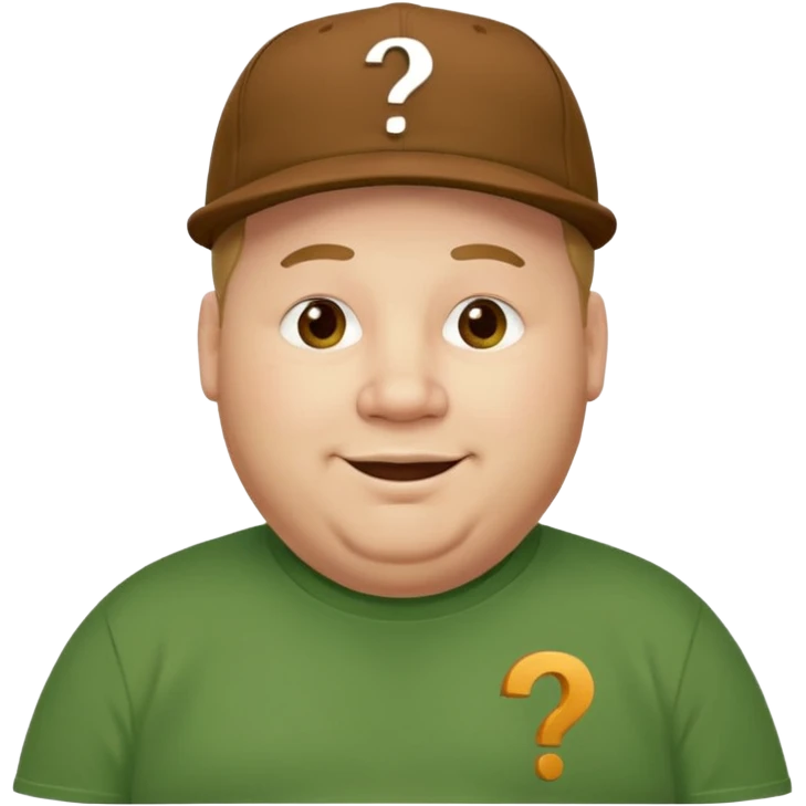 fat man with brown cap and green t shirt printeed a question mark emoji