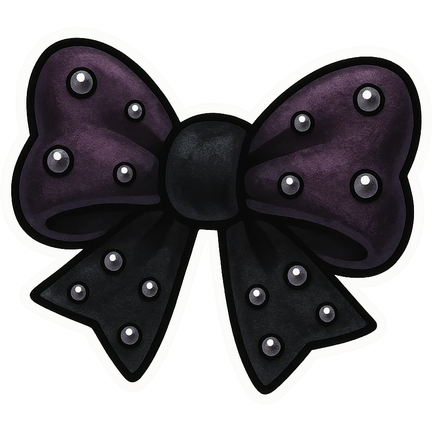 goth bow with velvet texture, deep purple and black, silver studs, dramatic shadows, chibi style emoji