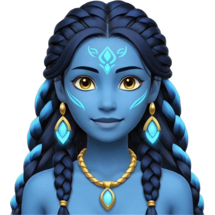 avatar-style Na’vi female portrait, head and shoulders only, blue skin, glowing bioluminescent markings, long braided hair, subtle tribal jewelry, confident smile, 3D cartoon, mobile game icon style, clean background, no text, no watermark
 emoji