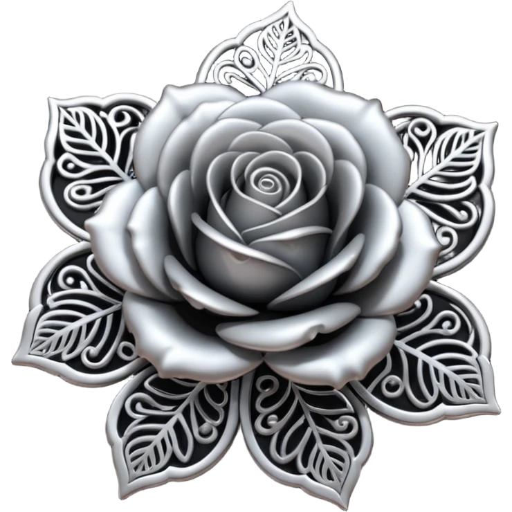 Black and silver filigree rose, 3D, extremely detailed design emoji