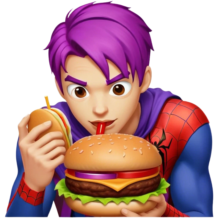 spider man eating burger with soft drink puple hair emoji