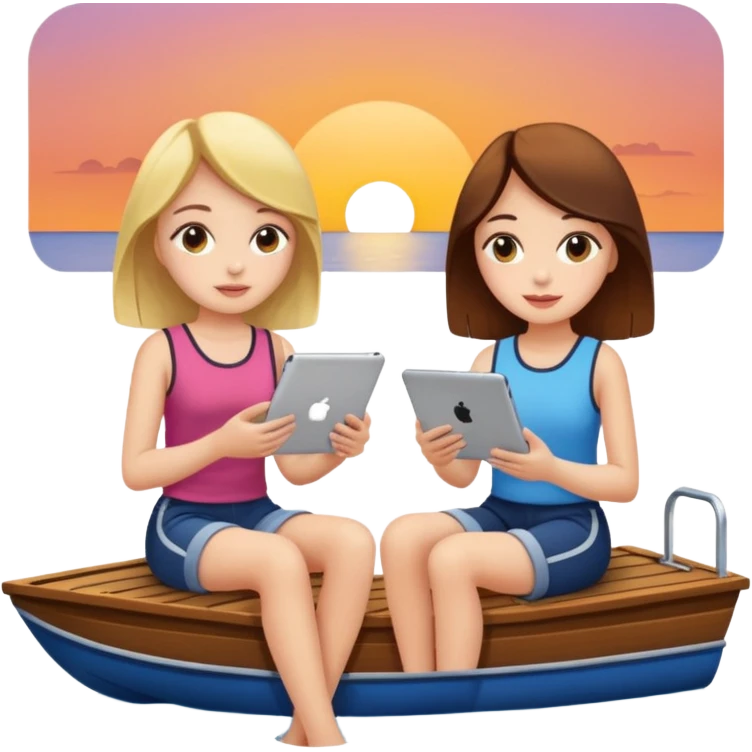 Girls sitting on pontoon boat watching iPad at sunset emoji