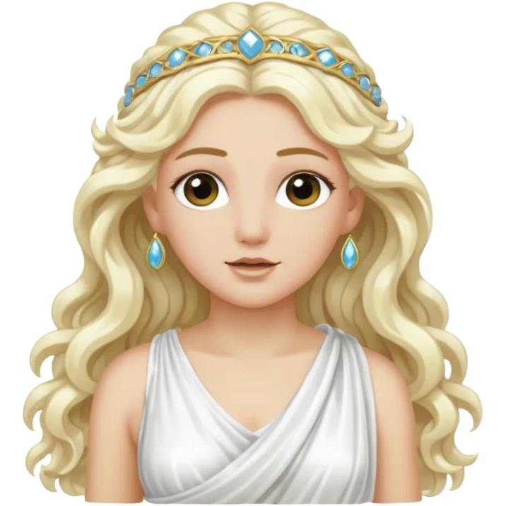 Aura, Goddess of Breeze from Roman Deities with long platinum blonde wavy hair, white sequin toga  emoji