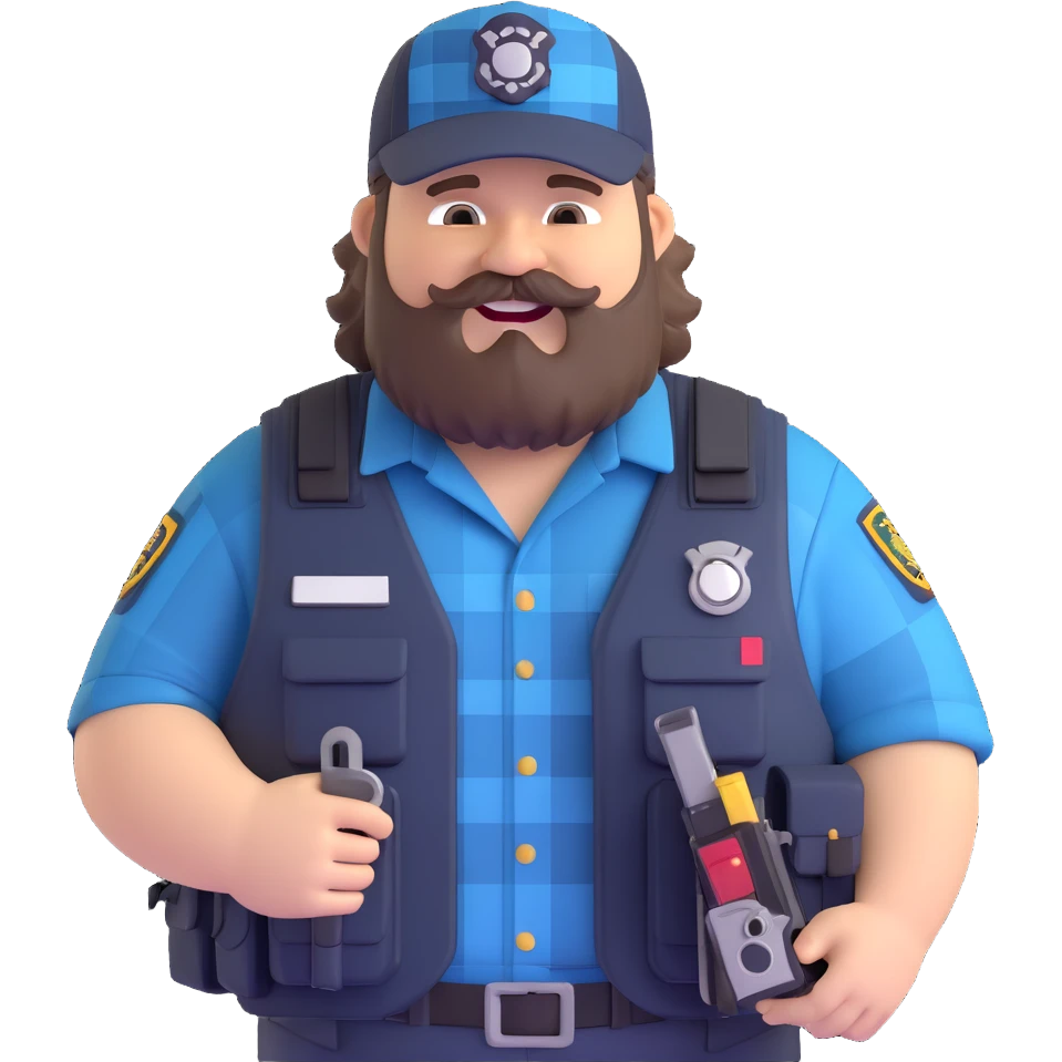 chubby federal agent with buck teeth tactical vest full of gadgets redneck appearance trucker hat plaid shirt scruffy beard 3D humorous style emoji