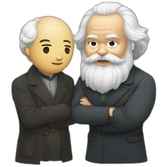 Li Hongzhi and Karl Marx, two human mentors, arm in arm，team up，rub shoulders, hooking up emoji