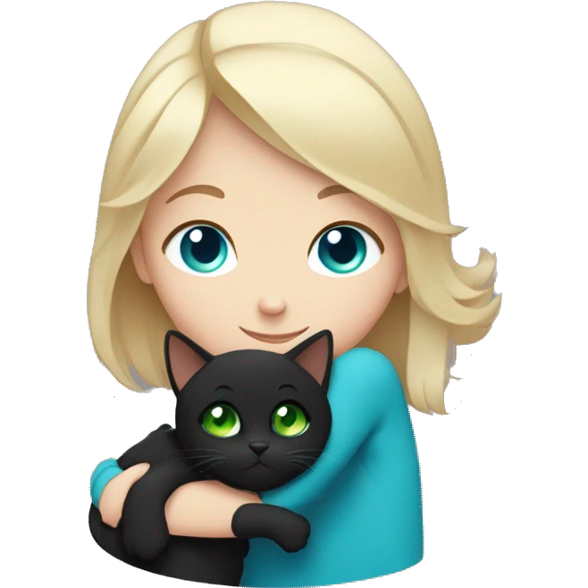 White brown-haired blue-eyed girl hugging black cat with green eyes emoji