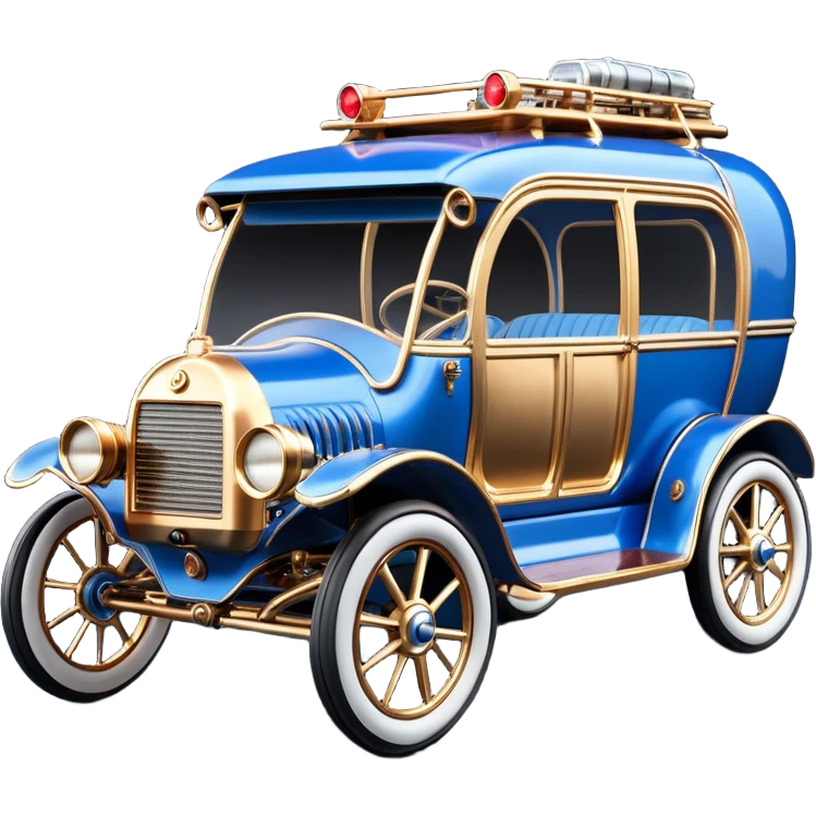  tarnished blue neon underglow C-3PO ghost buster 1964 delicately ornate rosegold wood accents Model-T off road van buckboard powered by electric motors and batteries with racing safety belts while flying rapidly roughening terrain stable on strong agile advanced suspension and steering emoji