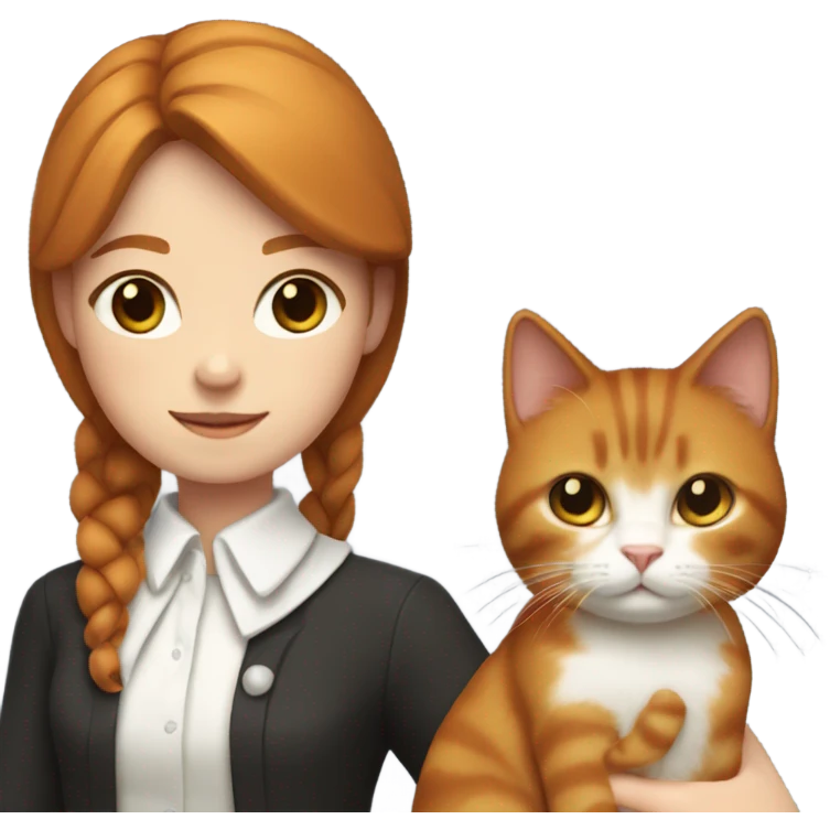A girl with chestnut hair and a light parting holds a ginger cat with a white collar in her arms emoji