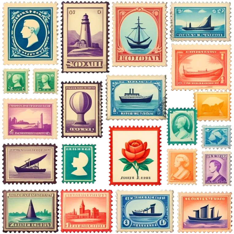 Icon for Stamp Collecting: a collection of vintage and colorful stamps arranged in an album or on a desk, with a large stamp block in the center showcasing different themes. The icon should reflect the charm and history of philately. Transparent background. emoji