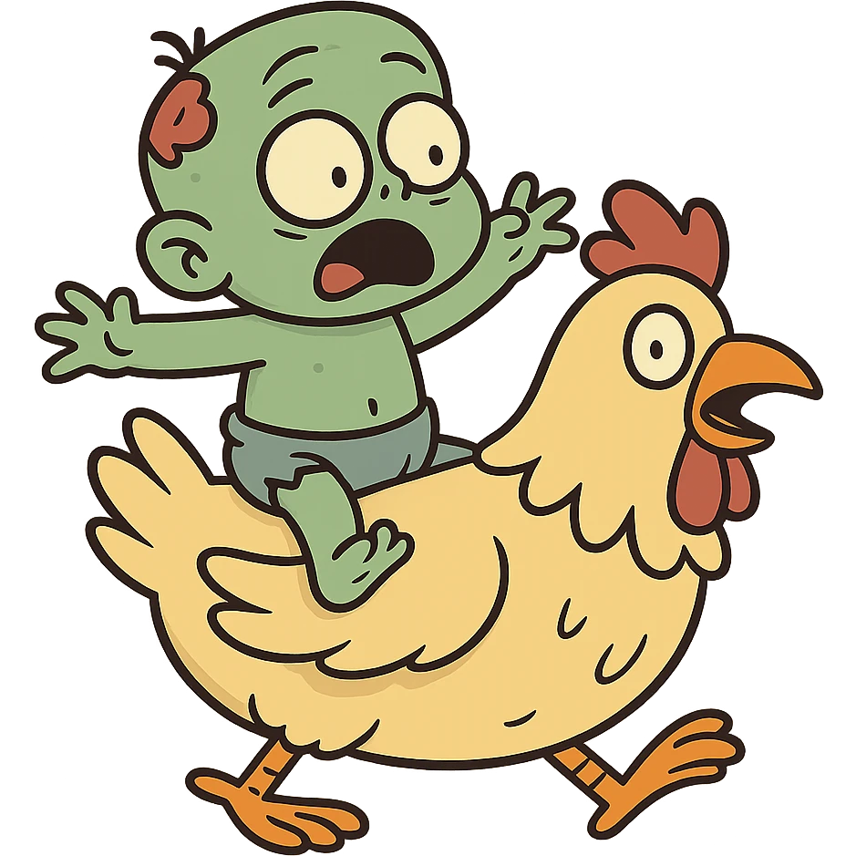 a green baby zombie riding a chicken, western animation cartoon style, playful, bold lines emoji