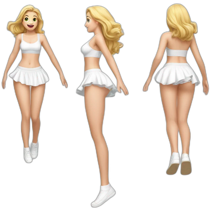 hyperrealistic-full-body-caucasian-curvy-beauty-jumping-small white-skirt-white knickers under skirt white socks back-and-front-views emoji