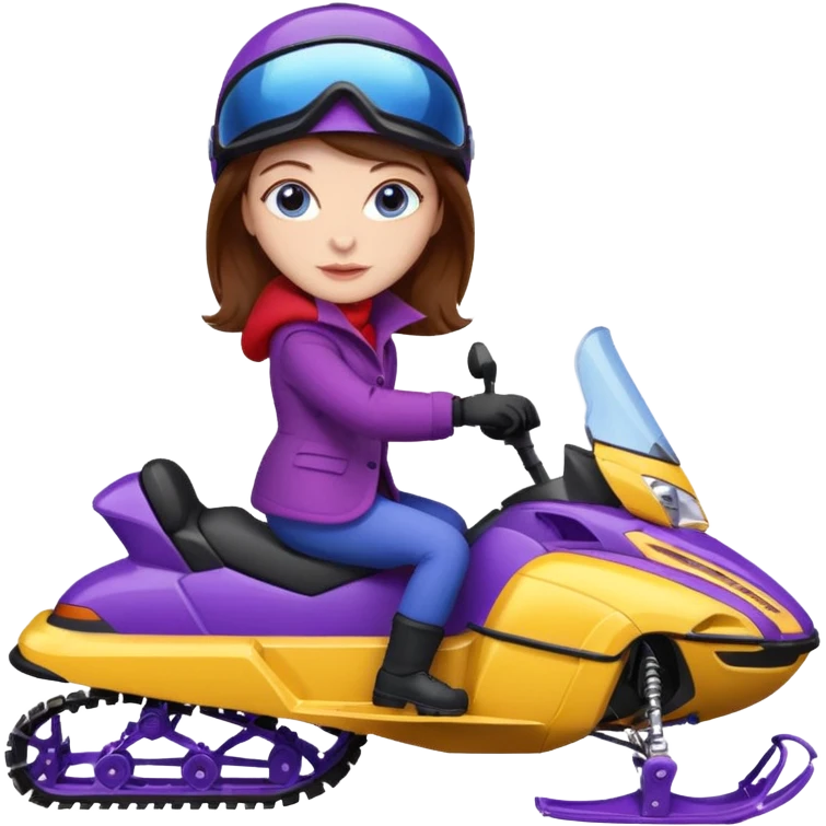 Brown hair, very blue eyes, Woman wearing a Very red coat  on purple and yellow striped snowmobile emoji