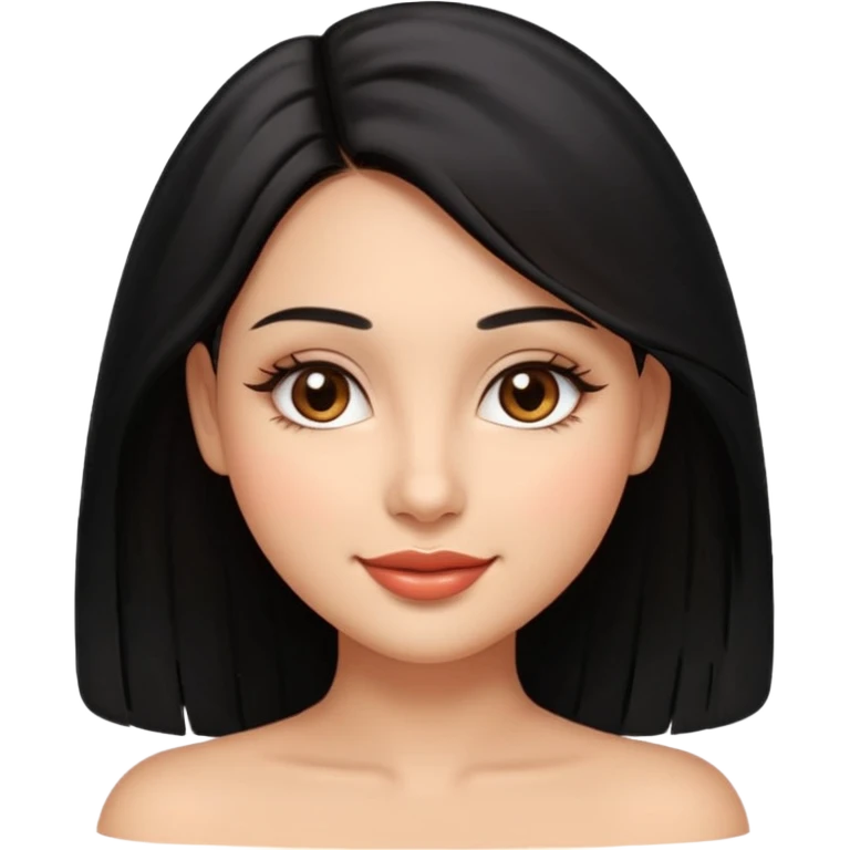 Feminine woman Softly rounded, healthy face — slightly curvy and feminine, not overweight.
Warm tan skin, brown eyes with long lashes, full glossy lips, gentle smile.
Shoulder-length black hair framing the face.
Clean, polished emoji look, soft shading, neutral background. emoji