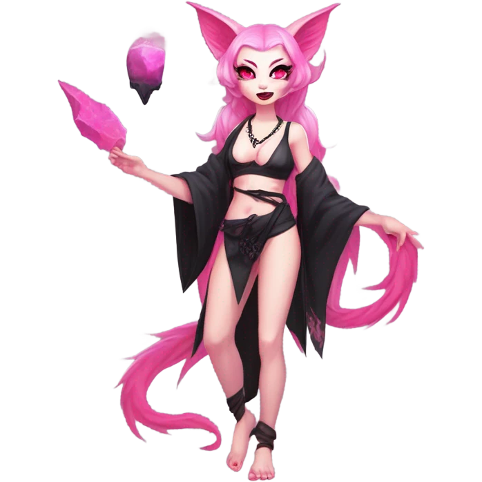 Full body female, succubus kitsune, neon pink eyes, vibrant pink hair, alabaster skin, fluffy black tails, pink tail tips, spiked choker, unique heritage, seductive charm, rebellious spirit, traditional kimonos, spiked anklets, and Barefoot 
 emoji