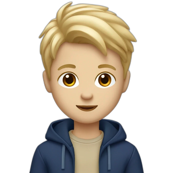 Jongen met asymmetrisch blond haar, donkerblauwe hoodie, beige cargo broek. emoji