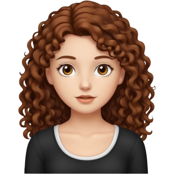 aesthetic white girl with brown long curly hair and darkbrown eyes  , white top emoji