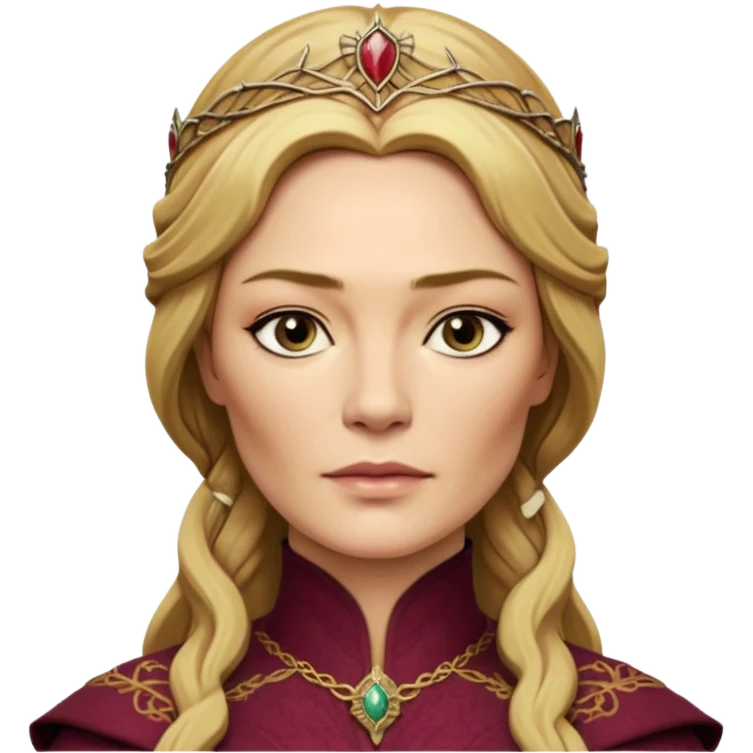 Cinematic Realistic Cersei Lannister Portrait, depicted with lifelike skin texture, subtle rosy undertones, and soft natural lighting that enhances the gentle contours of her face. Her intricately detailed golden blonde hair is elegantly styled , emoji