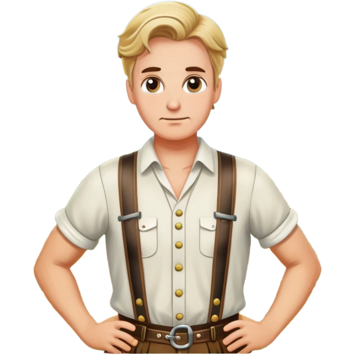 German person in Bavarian lederhosen shrugging with Sicily landscape in background emoji