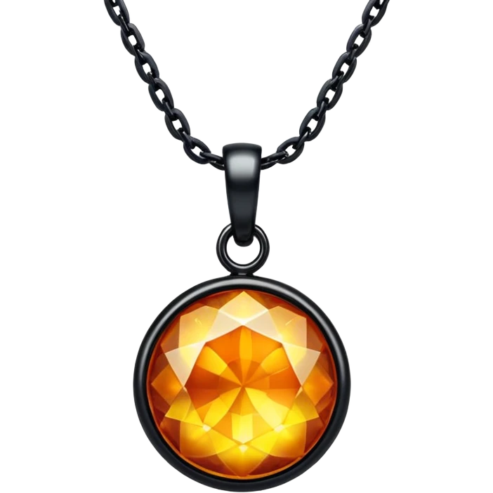 extreme close up of a round cut holographic amber charm with black bail and black chain, chain and bail right up against the gem emoji