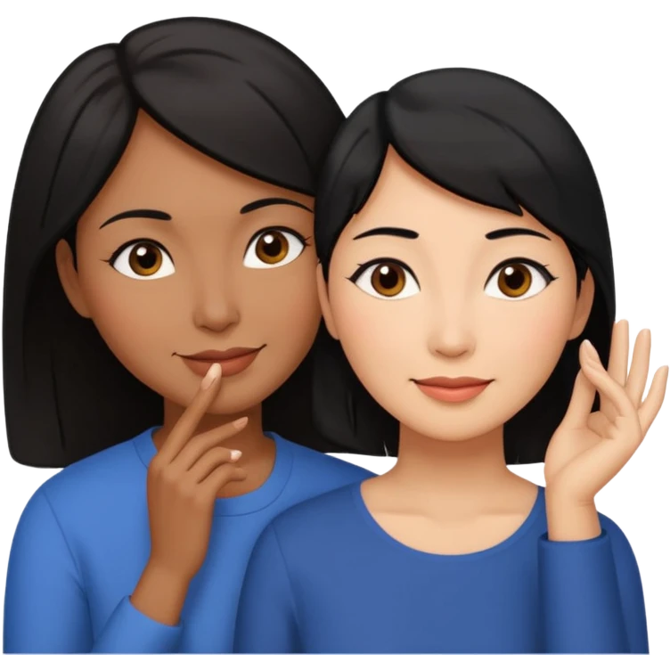 Middle aged brown woman with black hair, beside a middle aged asian woman with dark brown hair touching their cheek emoji