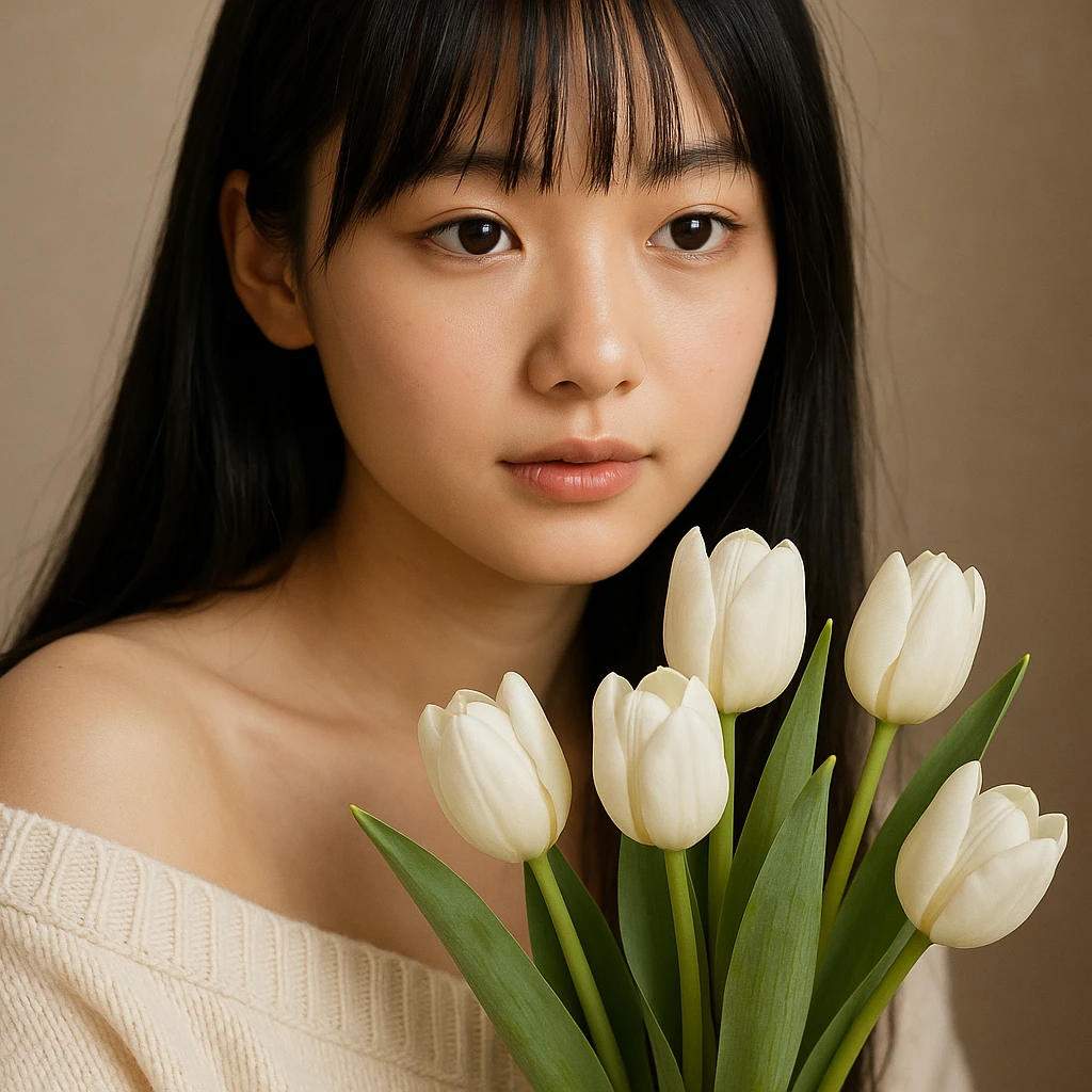 close-up view of a girl with long black hair, thin bangs, and black eyes, wearing a cream off-shoulder sweater, holding a bouquet of white tulips emoji