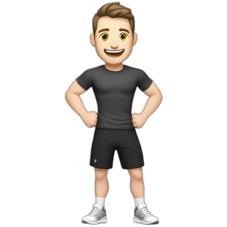 Joyful Celebrating victory Pale skinned Fit Man With the biceps and dark brown hair in black shirt, gray sports shorts and white Sneakers emoji