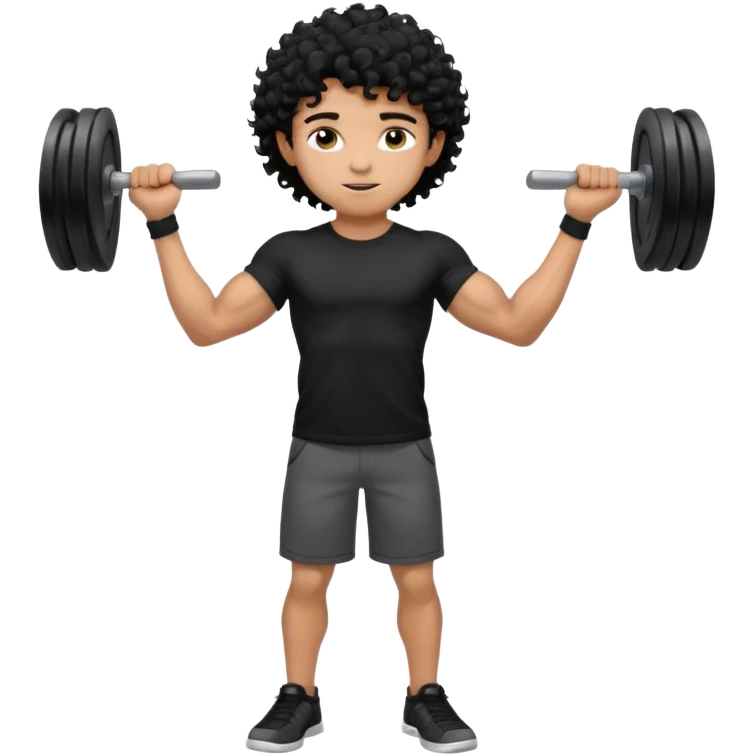 full body view of muscular teen boy with veiny hands arms and biceps. has messy black curly hair with dark-tan skintone with black tshirt emoji