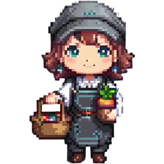 chibi shopkeeper character with items emoji
