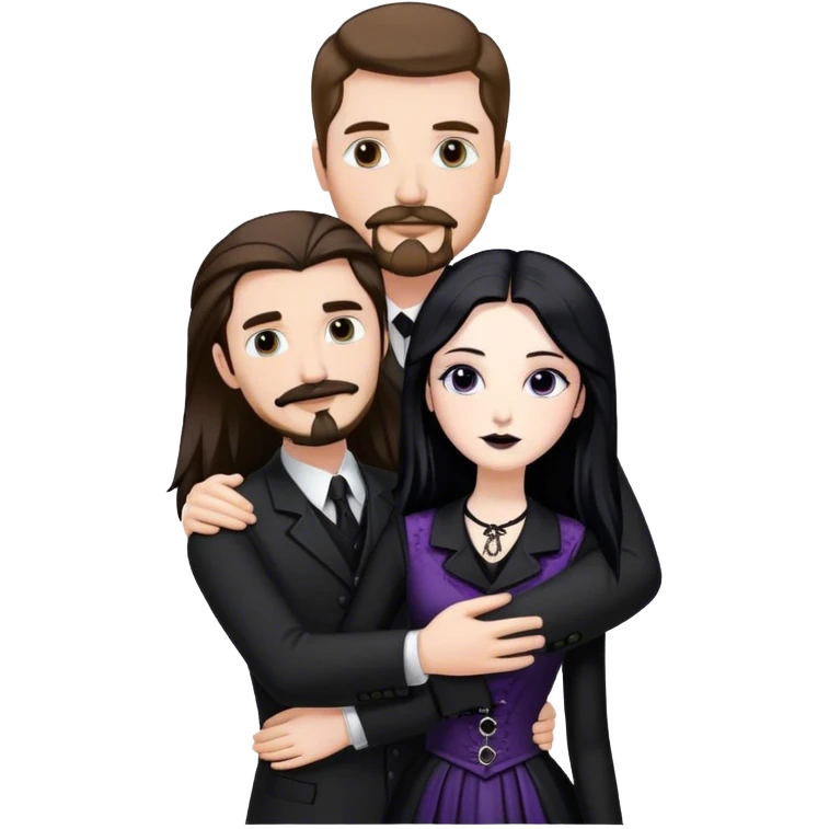 tall white man with brown hair goatee mustache hugging a goth woman with long black hair, wearing formal clothing emoji