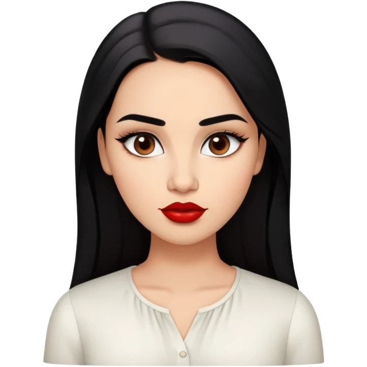 Young fuller-figured woman with oval face, high cheekbones, brown skin, dark brown eyes, thick eyebrows, red lipstick, long straight black hair, slightly plump, wearing a white blouse emoji