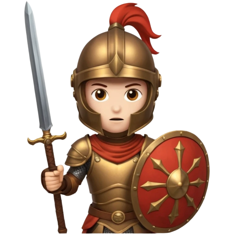 An emoji of the Roman god Mars. He is a warrior with a helmet and armor, holding a sword and shield, with a fierce expression. emoji