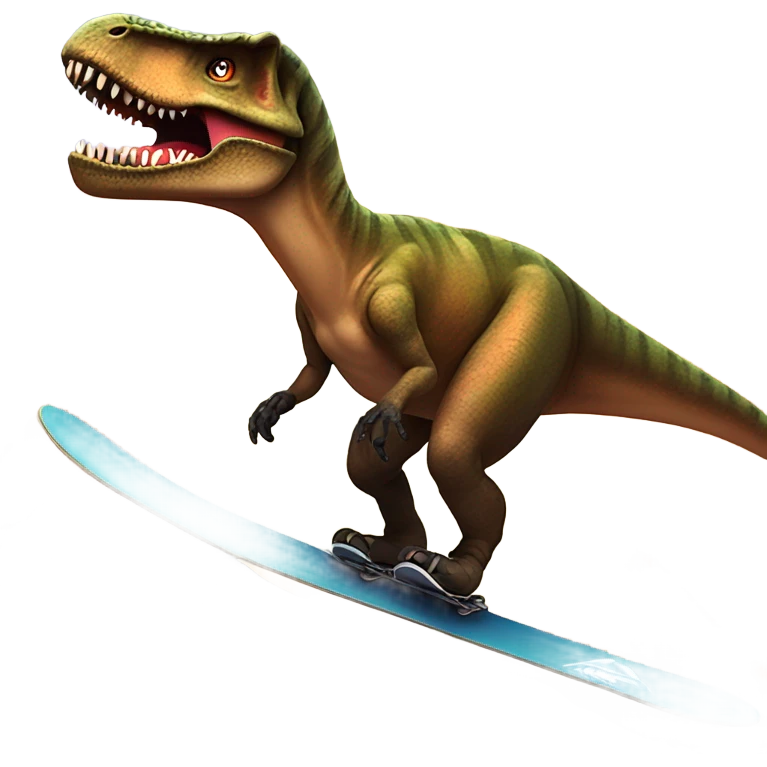 A t-rex wearing sunglasses riding a snowboard down a volcano that’s erupting emoji