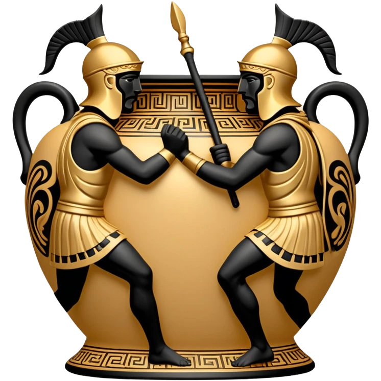 Cinematic-realistic Grecian urn, an exquisite black-figure pottery masterpiece resting in the dim glow of an ancient temple. Intricate golden depictions of two warrior fighting with spears and warriors encircle its curved form, telling timeless myths of heroism and tragedy.  emoji