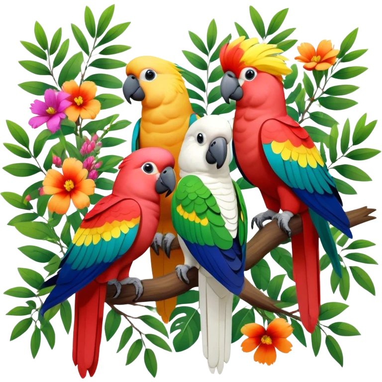 Close-up collage of vibrant Ara parrots and Inca cockatoos sitting on tree branches, surrounded by lush greenery. Bright colors of the birds stand out against a natural, sunny background of trees and flowers. Transparent background. emoji