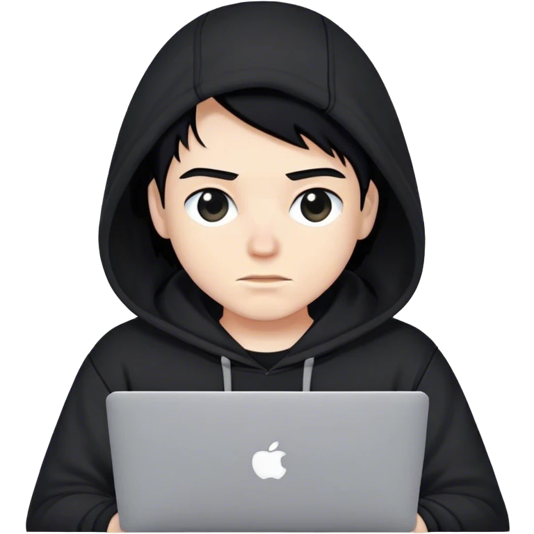 hackeur blanc cheveux noir et capuche noir avec un macbook emoji