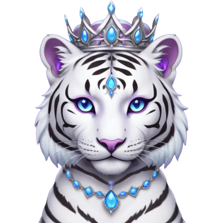 ESO Female white/black tiger khajiit leader of the umbral rose, glowing blue eyes, glowing blue 'third eye' gem; purple gemmed silver tiara emoji