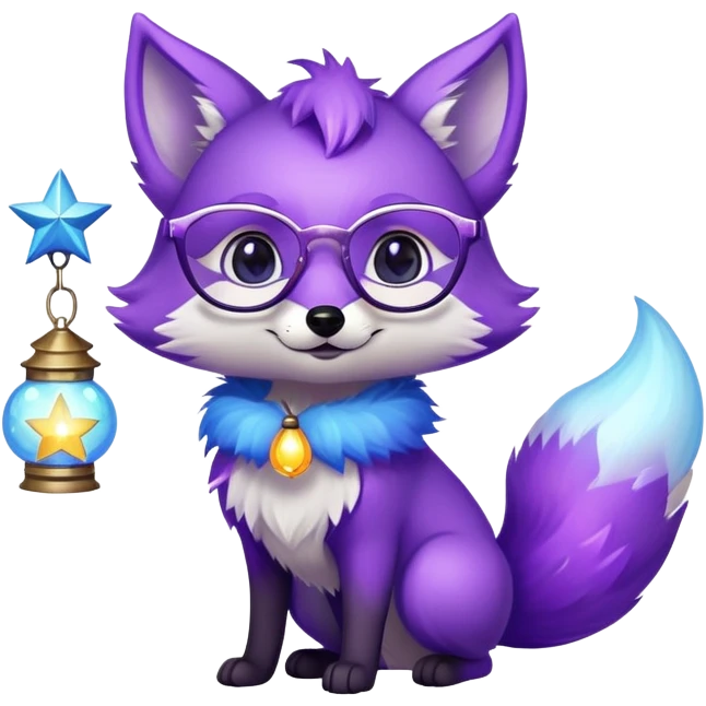 Laughing with tears of joy 😂 — a small magical fox with shimmering purple and blue fur, a glowing fluffy tail, a silver star on its forehead, round glasses, and a tiny lantern. emoji