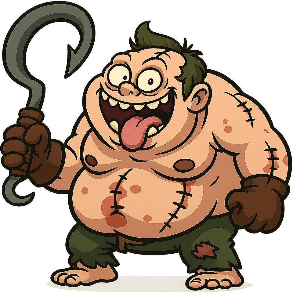 Pudge as a funny, exaggerated cartoon character, with a comical expression and oversized hook emoji