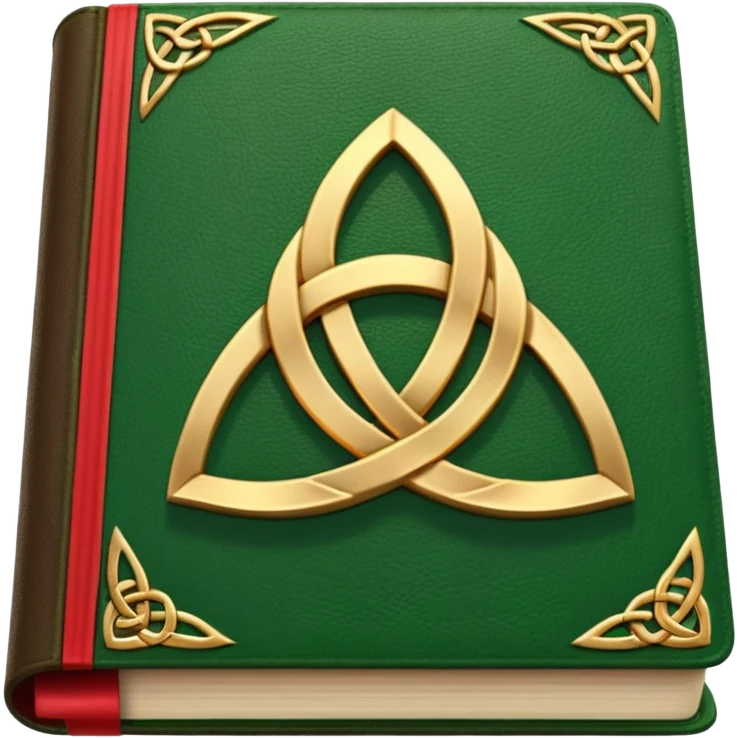 a green closed book with a golden triquetra on it with a red ribbon between the paged emoji