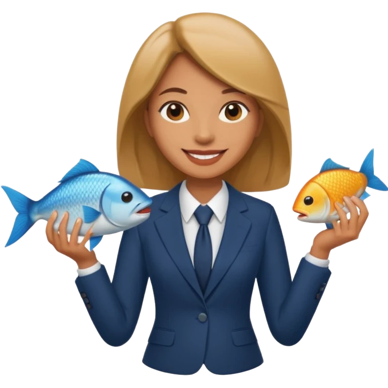 Woman in a suit holding a fish emoji
