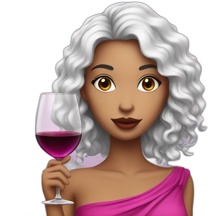 White latin girl with with pink big lips, long curly black hair and glass of wine emoji