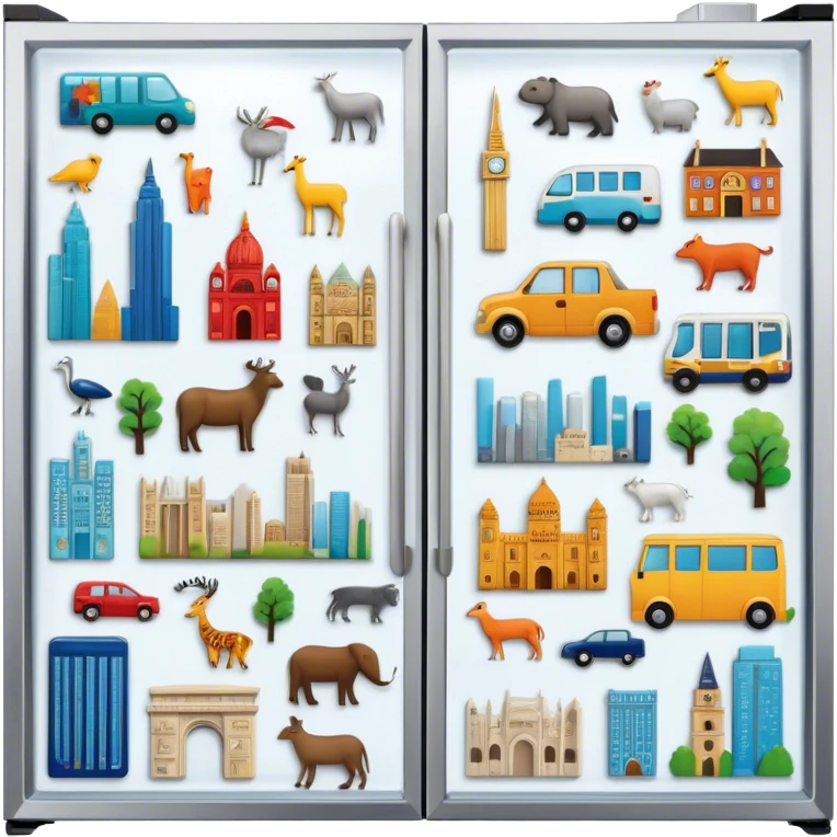 Icon for Magnet Collecting: a close-up of a fridge door covered with a variety of magnets, featuring cities, animals, symbols. The icon should highlight the diversity and charm of magnet collections. Transparent background. emoji
