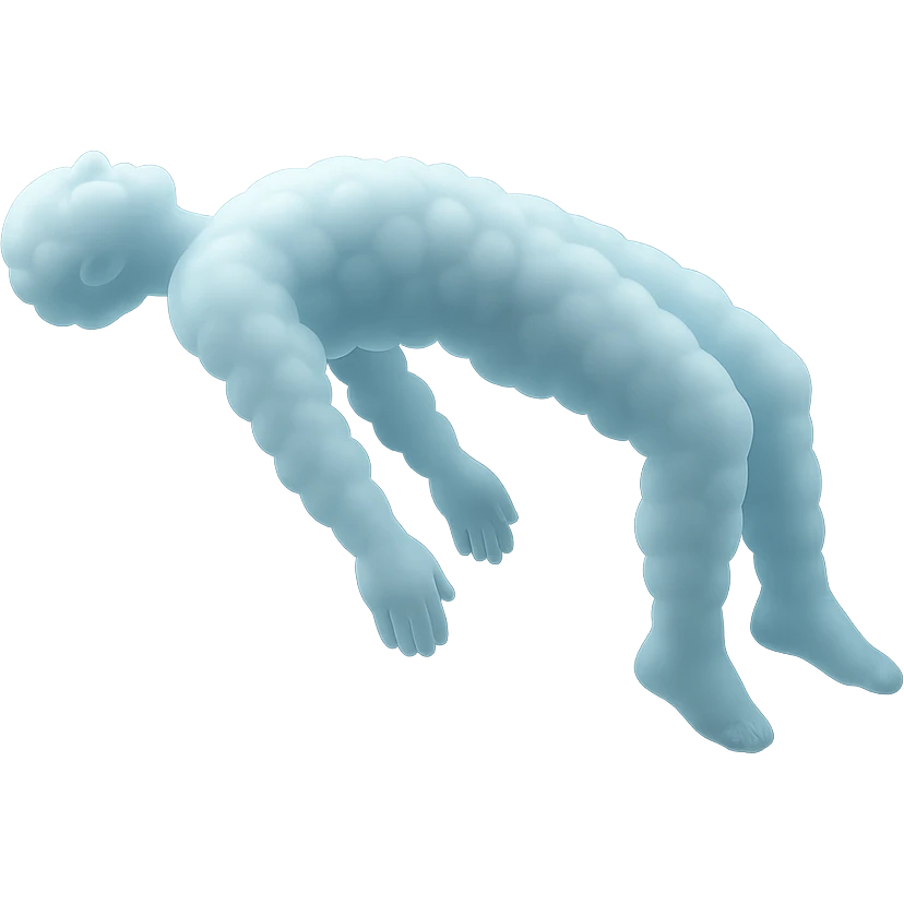 side view of a person unconscious, flying upwards by the torso, legs and arms downwards, made of small very bright white fluffy convex clouds, matte glass style emoji