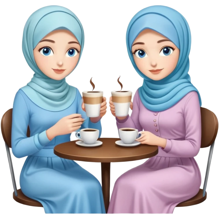 Turkish beautiful finish Konya girls blue eyes with pastel hijab long tail dress and the two friends in a coffeehouse sits on the chair on the ground and holds cup coffe with her hand  emoji