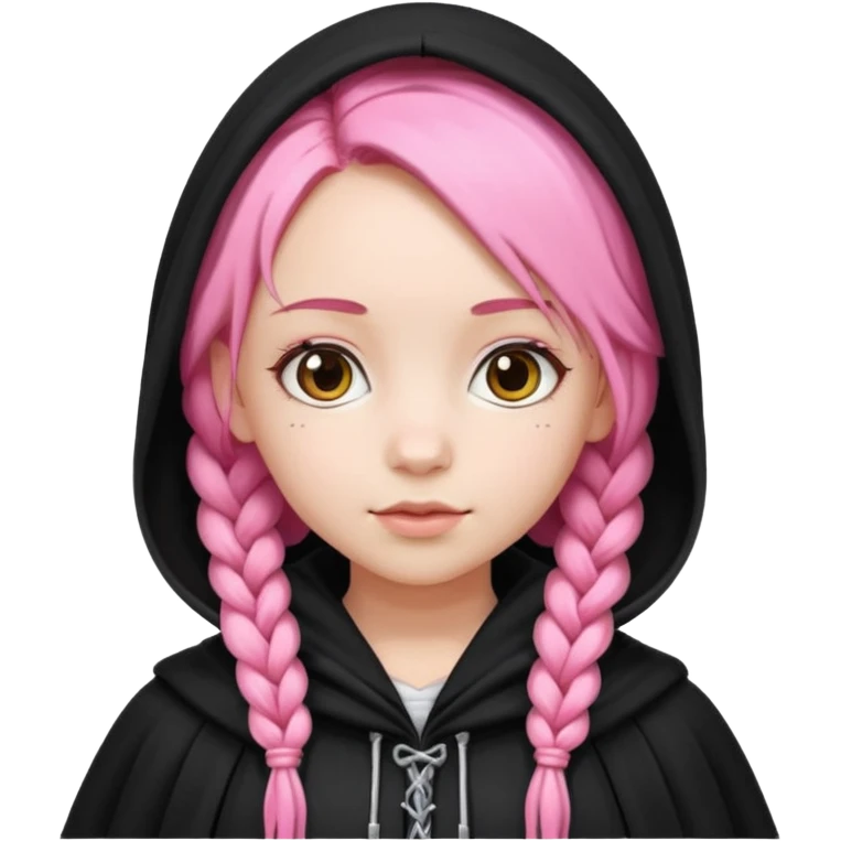 pink braids hair kid girl, white skin, wear black cloak emoji