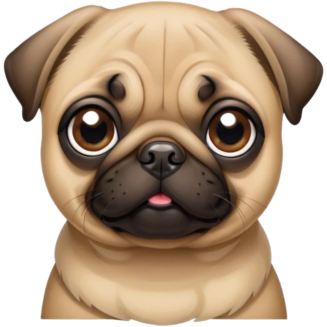 Cinematic Cute Fawn Pug Portrait Emoji, Head tilted playfully and inquisitively, featuring a smooth fawn coat with a subtle sheen, round, sparkling dark eyes filled with curiosity, Simplified yet irresistibly adorable features, highly detailed, glowing with a warm, friendly glow, high shine, affectionate and lively, stylized with a touch of whimsy, bright and endearing, soft glowing outline, capturing the essence of a mischievous yet loving pup, so playful it feels like it could bounce out of the screen and into your arms! emoji