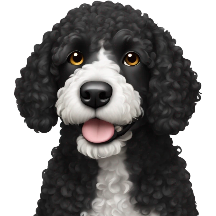 Spanish curly water dog black with white little spot only on its chest emoji