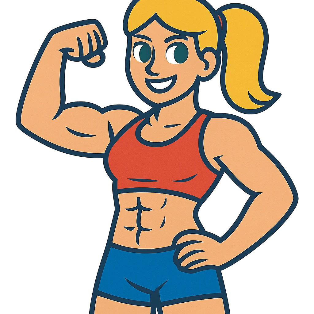 full body pose of a muscular white girl with blonde hair and green eyes, flexing 6 pack abs and one arm bicep emoji